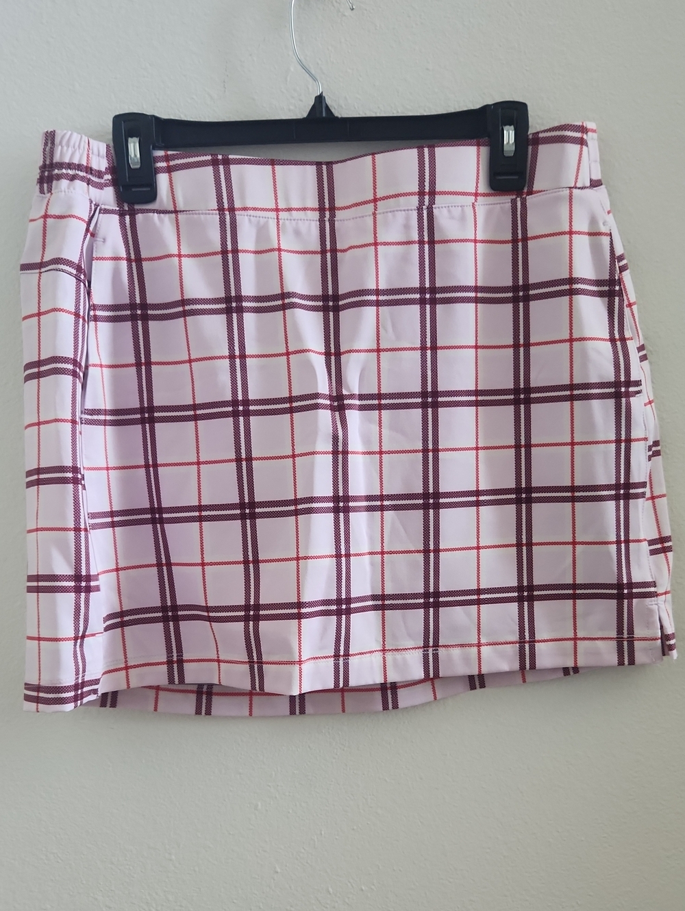 Lady Hagen Light Pink Plaid Mini Skort with Burgundy and Red Accents